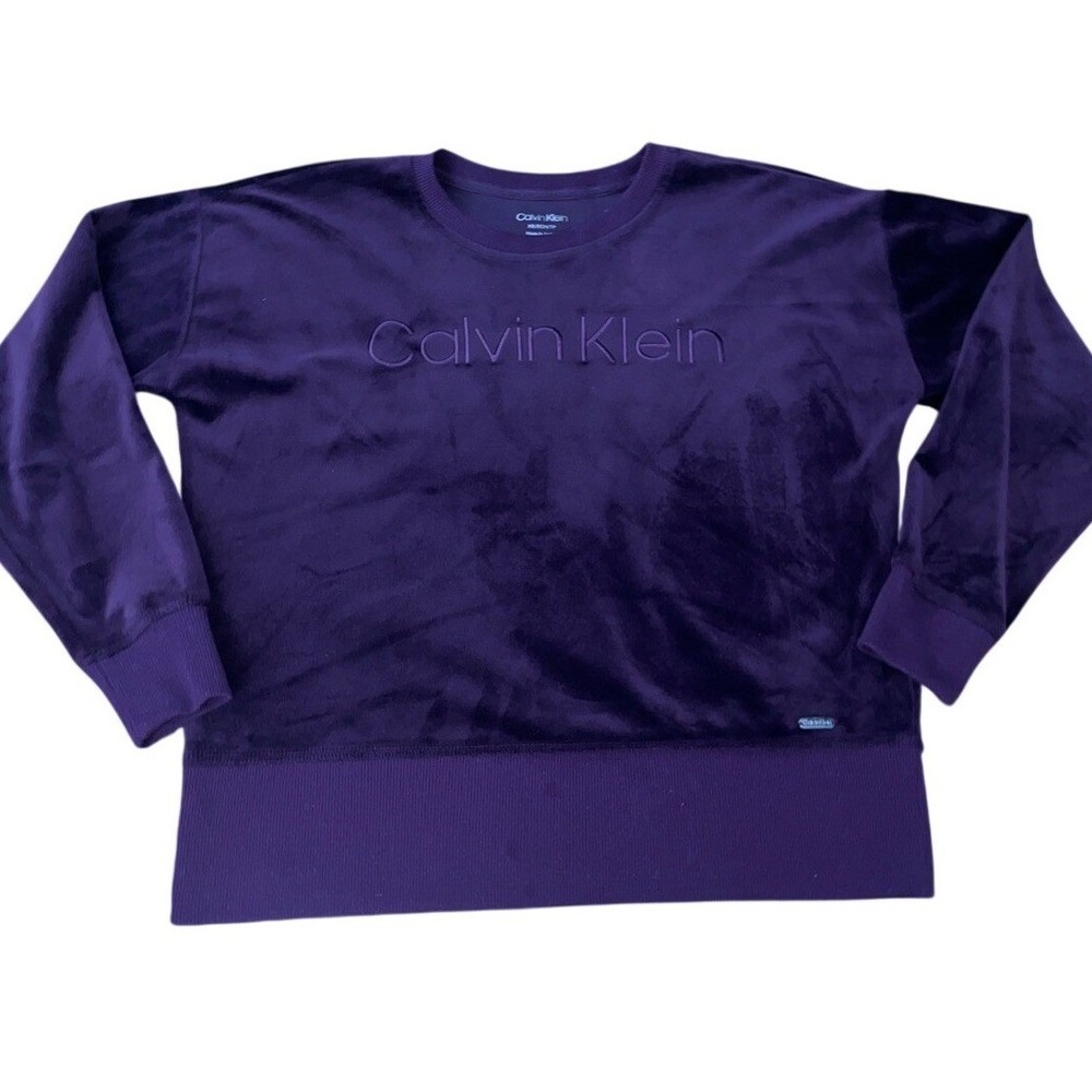 Calvin Klein Womens Velour Sweatshirt Purple Embroidered Logo XS Crewneck Relax